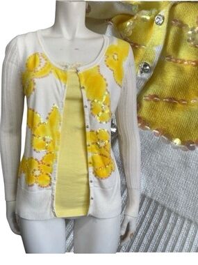 Y2K CHARLOTTE TARANTOLA Yellow Sequined Cardigan Twin Set Medium Feminine Summer